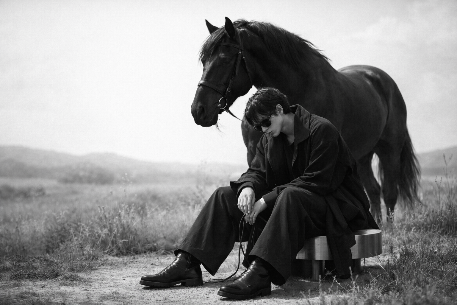 Persona con abiti scuri e occhiali da sole seduta su uno sgabello rotondo in un campo con un grande cavallo nero in piedi dietro.