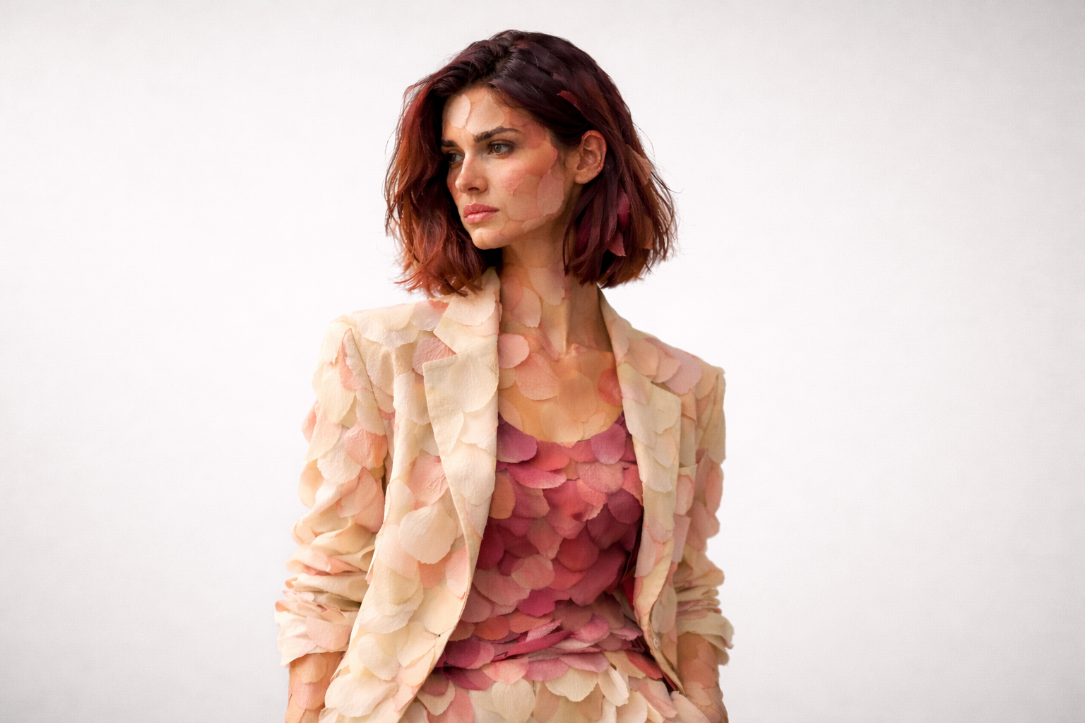 Donna con capelli rosso castano alle spalle che indossa blazer beige e top rosa con texture a petali guardando di lato.