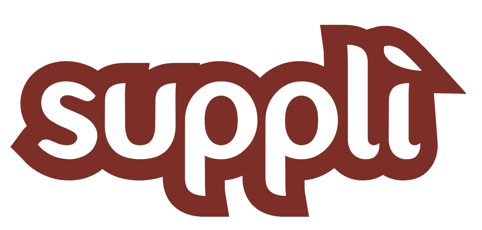 Testo del logo 'suppli' in minuscolo con l'ultima lettera stilizzata come testa di uccello.