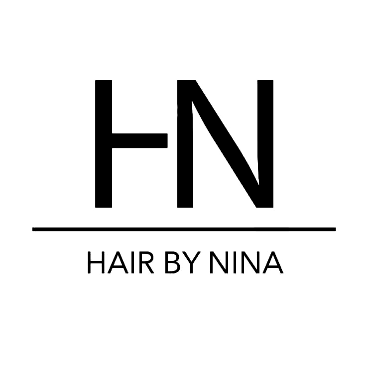 Logo con lettere H e N sopra una linea orizzontale, sotto il testo Hair by Nina.