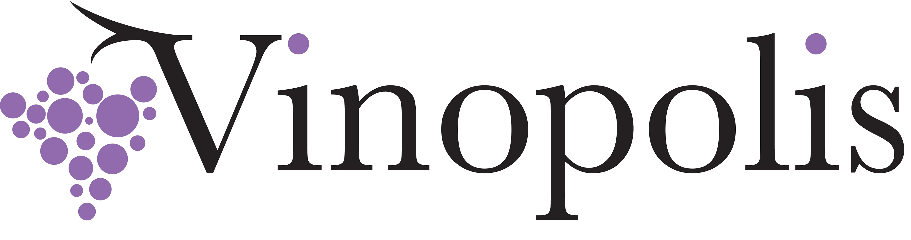 Logo Vinopolis con testo nero stilizzato e un grappolo di cerchi viola che ricordano dell'uva sulla sinistra.