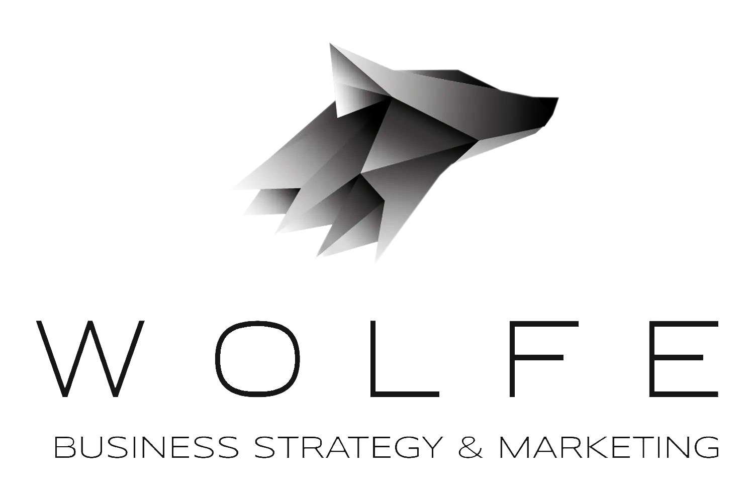 Logo testa di lupo geometrico in tonalità di grigio sopra il testo 'WOLFE' e 'Business Strategy & Marketing'.