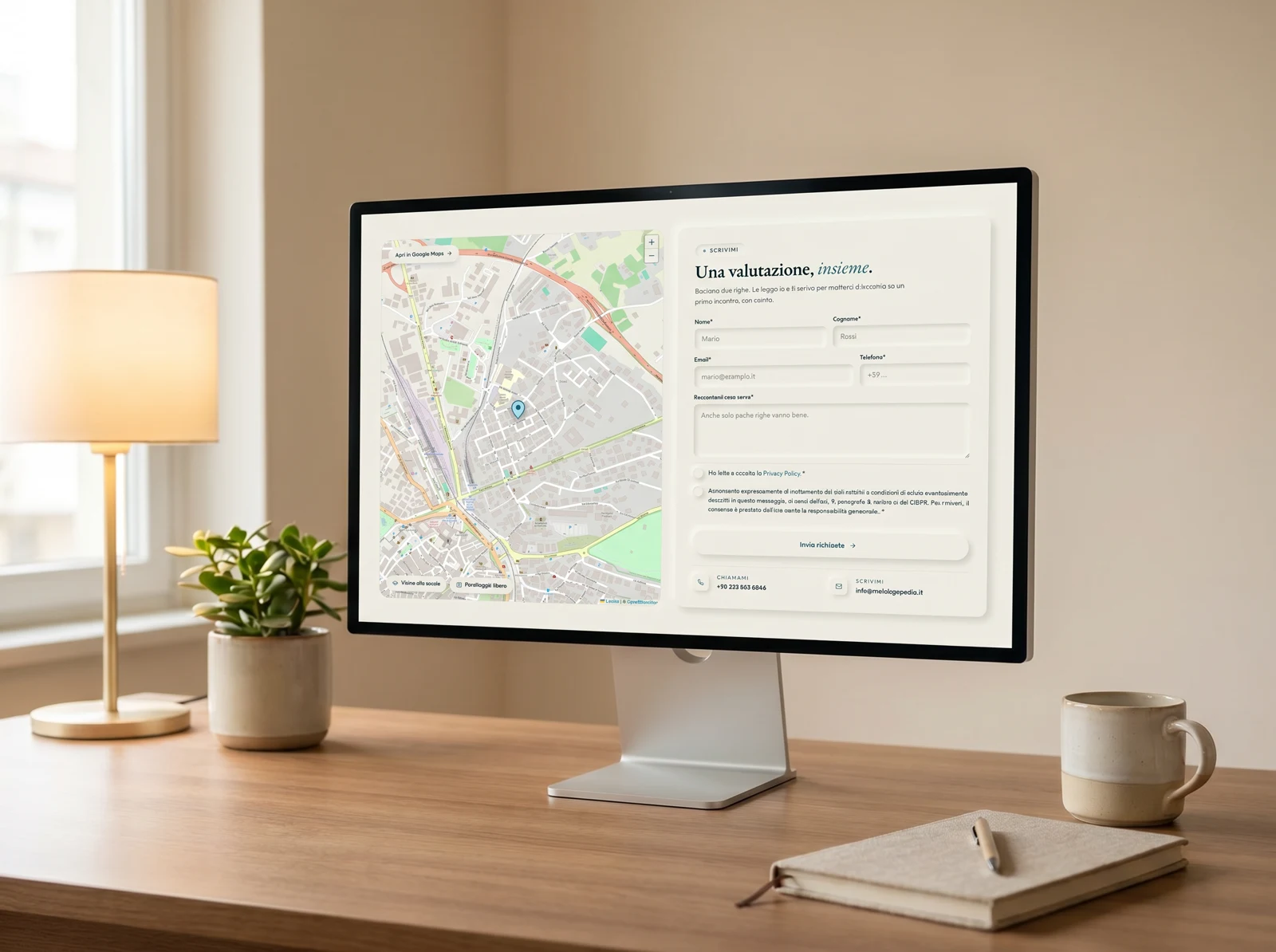 Il sito Metalogopedia su un monitor: il modulo contatti dalle superfici neumorphic